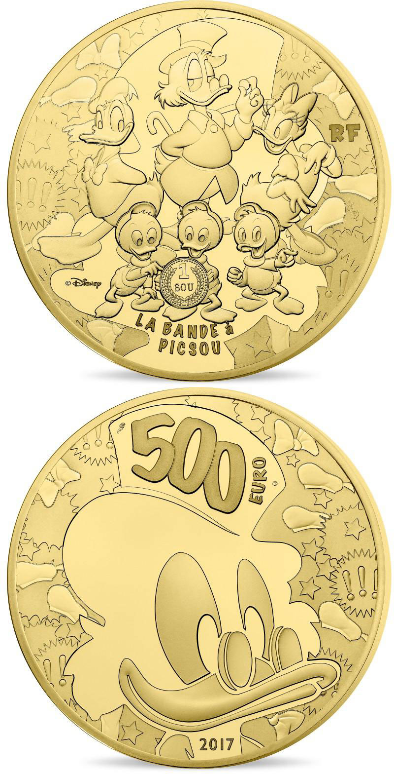 Image of 500 euro coin - Duck Tales | France 2017.  The Gold coin is of Proof quality.