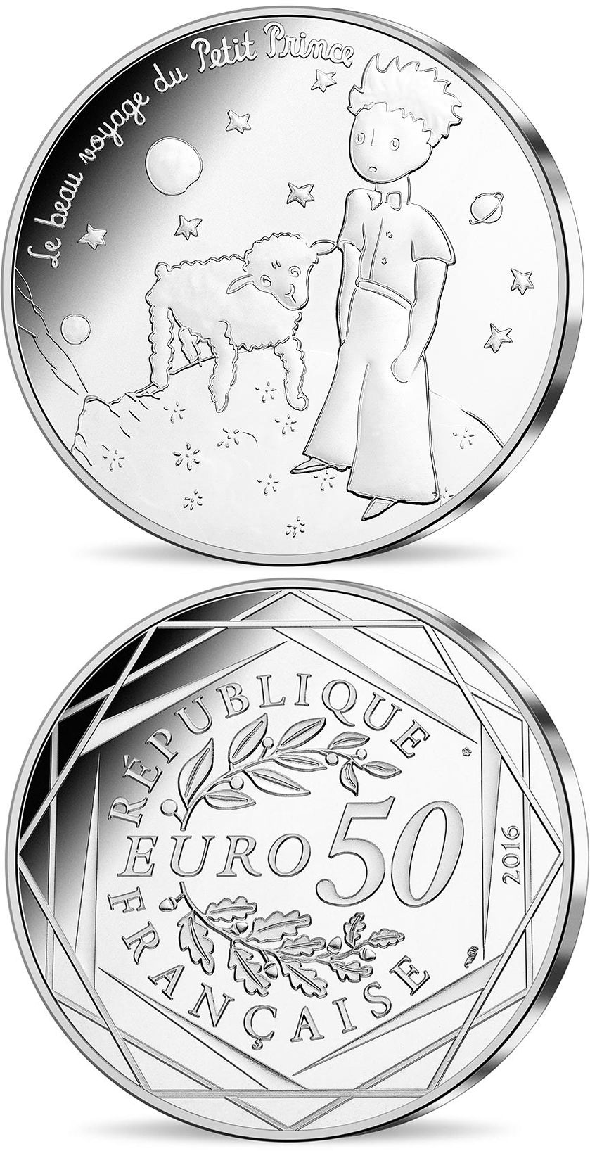 Image of 50 euro coin - The Little Prince's beautiful journey | France 2016.  The Silver coin is of UNC quality.