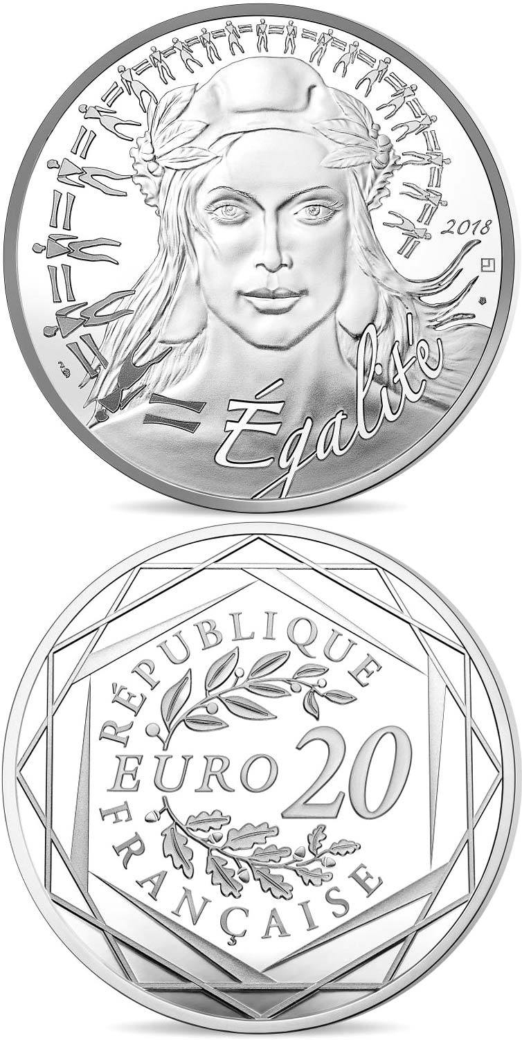 Image of 20 euro coin - Marianne - Equality | France 2018.  The Silver coin is of BU quality.