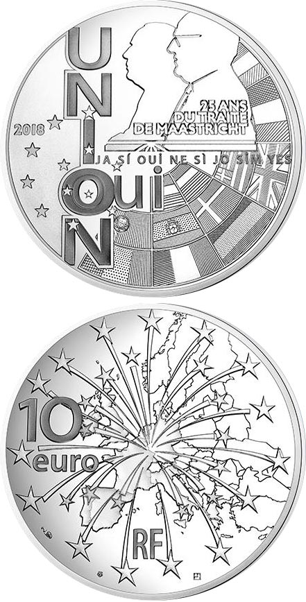 Image of 10 euro coin - 25th anniversary of the Maastricht Treaty | France 2018.  The Silver coin is of Proof quality.