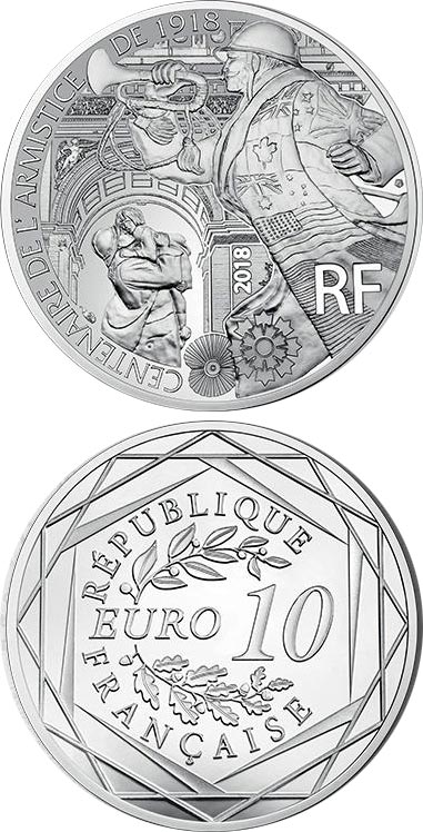 Image of 10 euro coin - Centenary of the end of World War I | France 2018.  The Silver coin is of Proof quality.