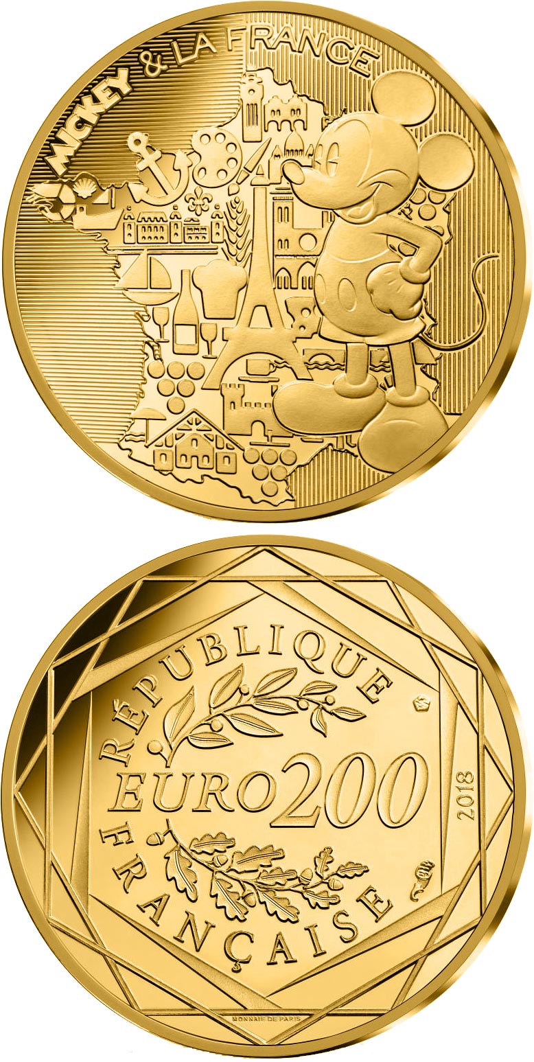 Image of 200 euro coin - Mickey et la France | France 2018.  The Gold coin is of BU quality.