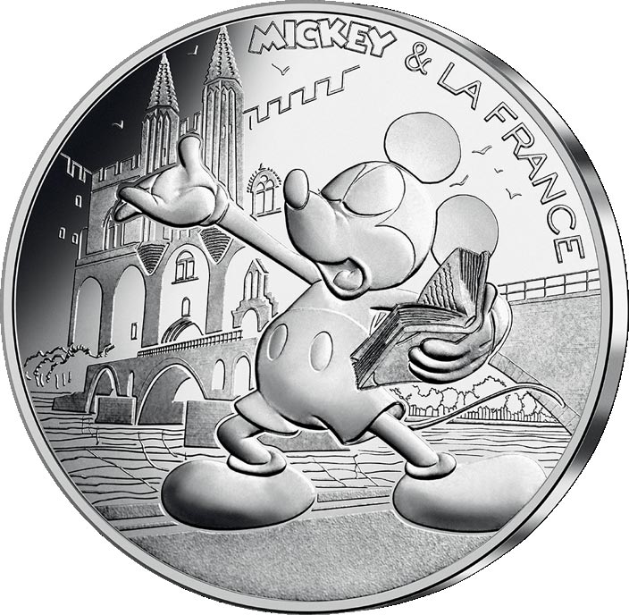 Image of 10 euro coin - Mickey et la France - On the Avignon bridge | France 2018.  The Silver coin is of UNC quality.