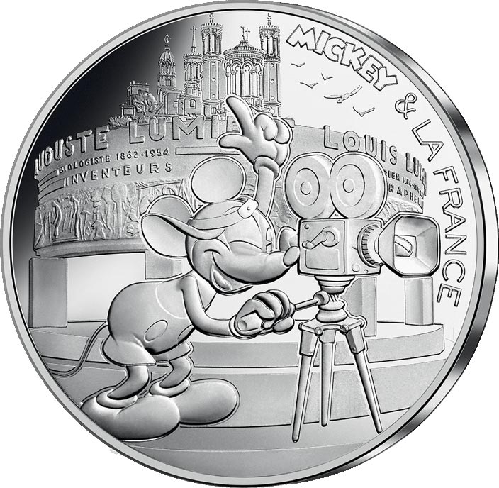 Image of 10 euro coin - Mickey et la France - Silence, action | France 2018.  The Silver coin is of UNC quality.