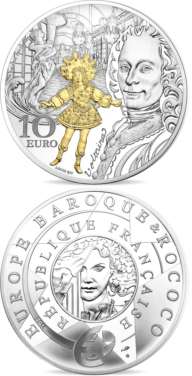 Image of 10 euro coin - The Age of Baroque and Rococo | France 2018.  The Silver coin is of Proof quality.