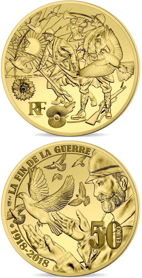 Image of 50 euro coin - Peace  | France 2018.  The Gold coin is of Proof quality.