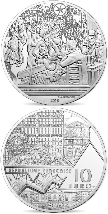 Image of 10 euro coin - Le Bal du Moulin de la Galette | France 2018.  The Silver coin is of Proof quality.