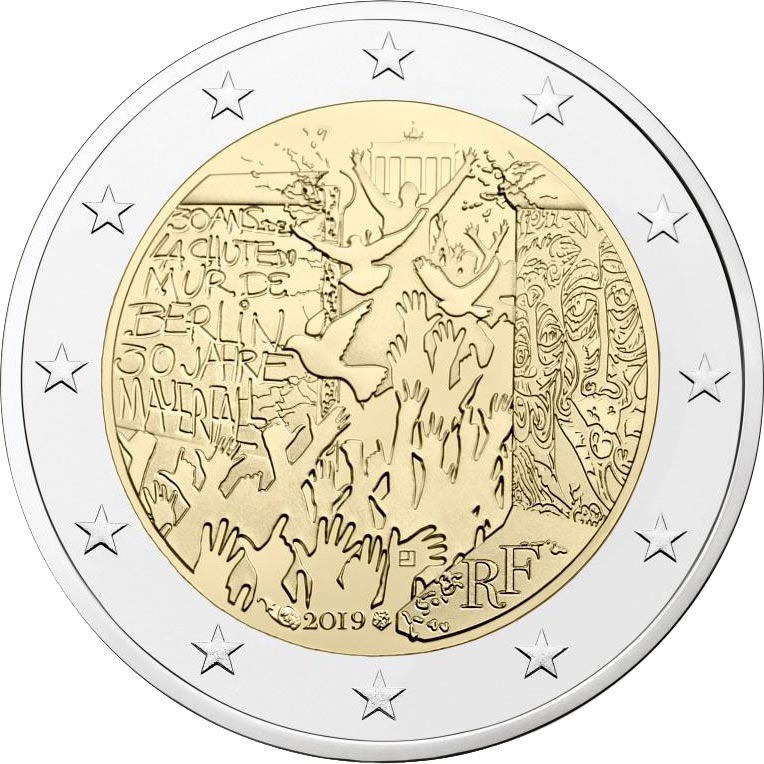 Image of 2 euro coin - 30 Years of Fall of the Berlin Wall | France 2019