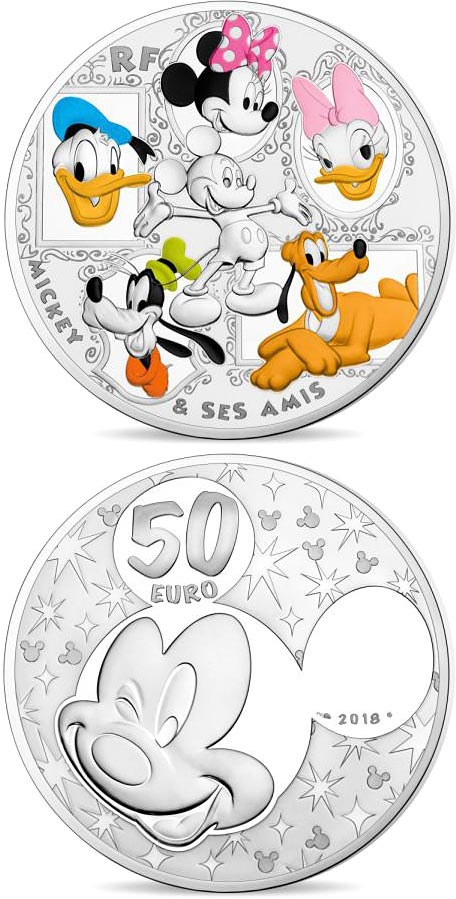 Image of 50 euro coin - Mickey and friends | France 2018.  The Silver coin is of Proof quality.