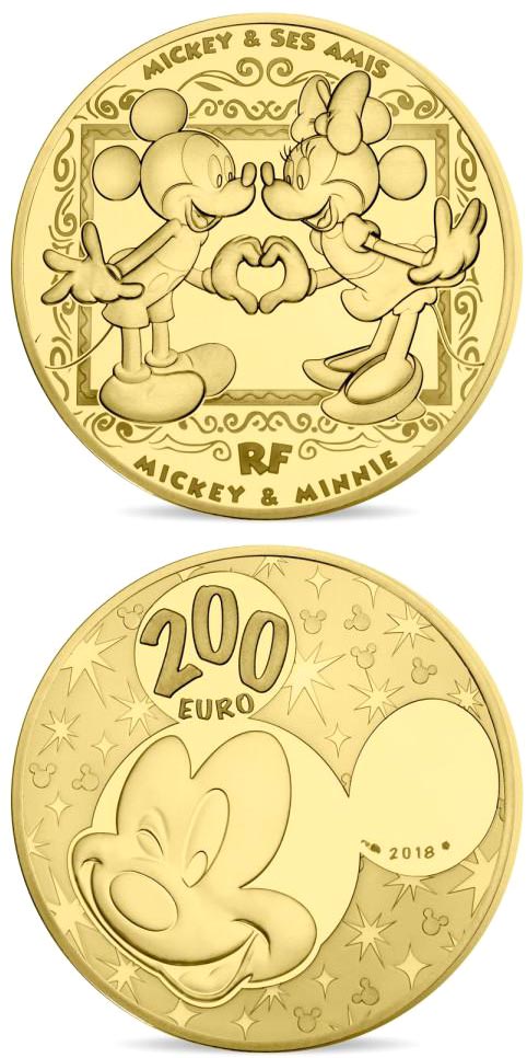 Image of 200 euro coin - Mickey and friends | France 2018.  The Gold coin is of Proof quality.