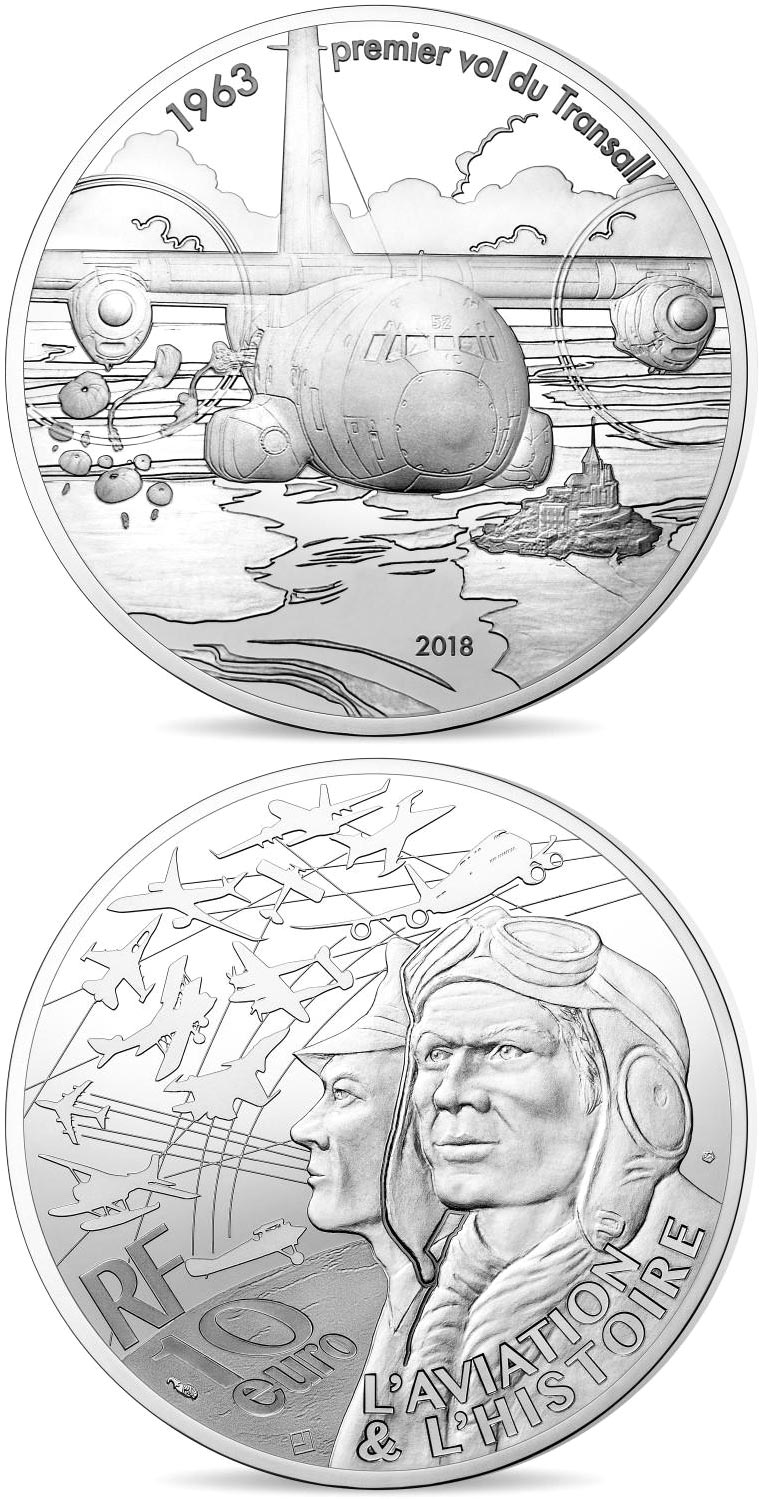 Image of 10 euro coin - Transall | France 2018.  The Silver coin is of Proof quality.
