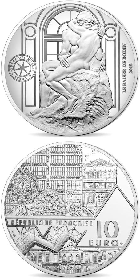 Image of 10 euro coin - Le Baiser of Rodin | France 2018.  The Silver coin is of Proof quality.