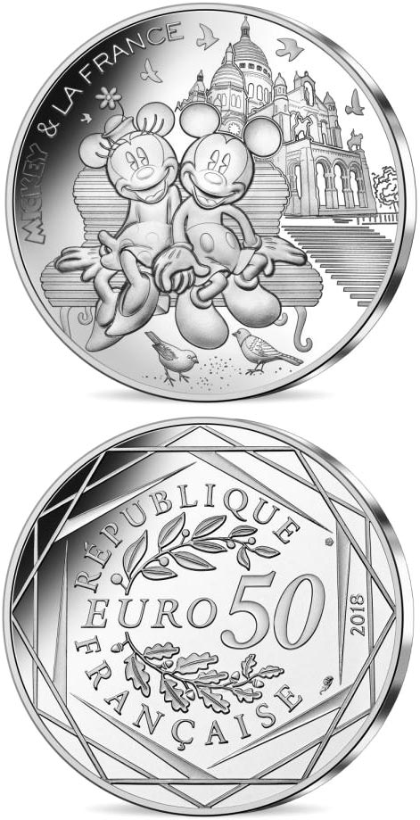 Image of 50 euro coin - Mickey et la France -  Montmartre | France 2018.  The Silver coin is of BU quality.