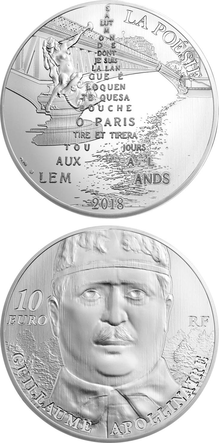 Image of 10 euro coin - Guillaume Apollinaire | France 2018.  The Silver coin is of Proof quality.