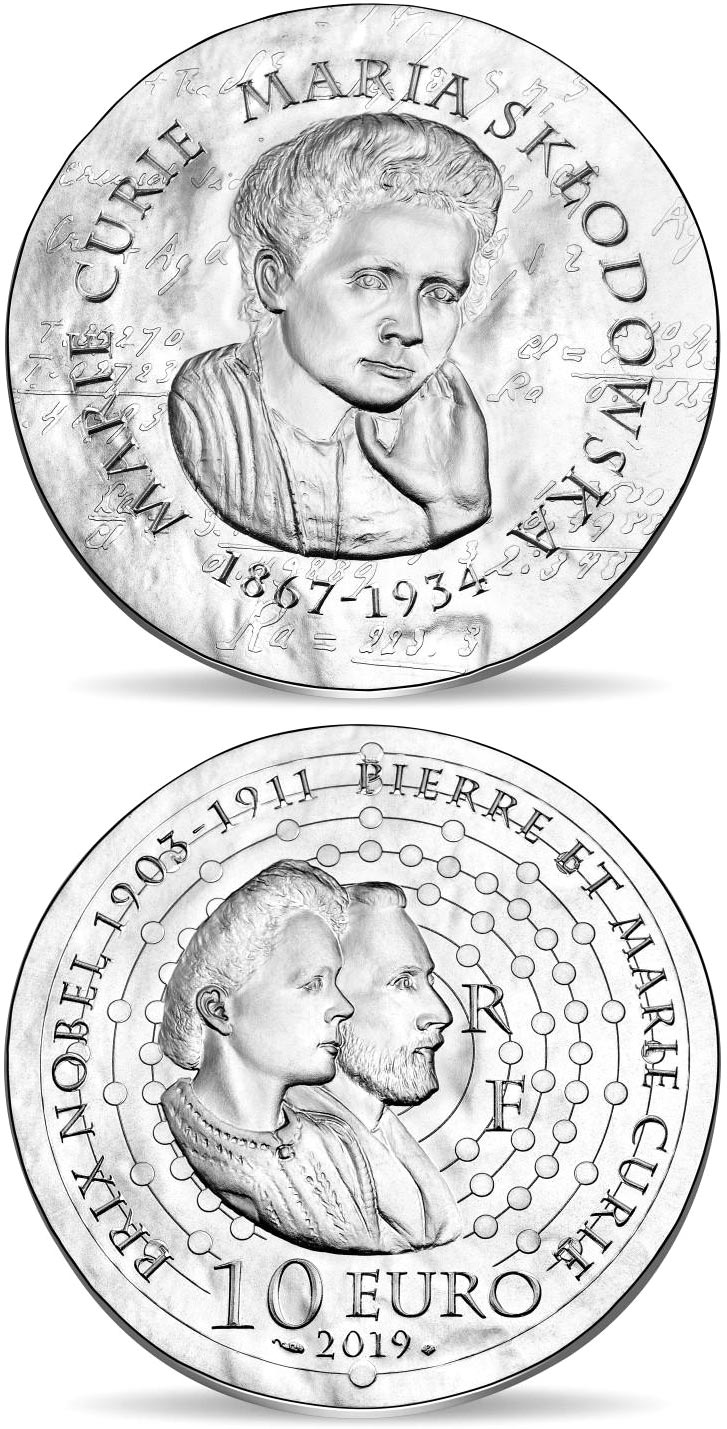 Image of 10 euro coin - Marie Curie | France 2019.  The Silver coin is of Proof quality.