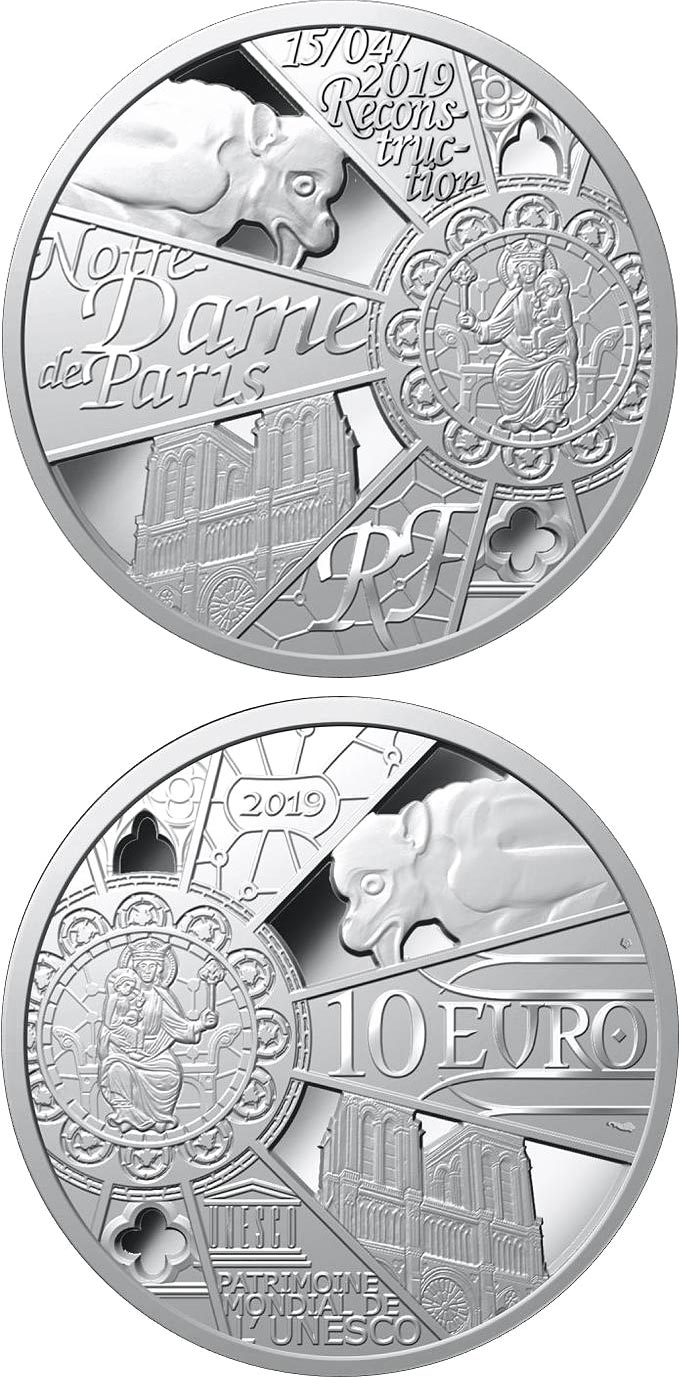 Image of 10 euro coin - Reconstruction of Notre-Dame Cathedral in Paris | France 2019.  The Silver coin is of Proof quality.