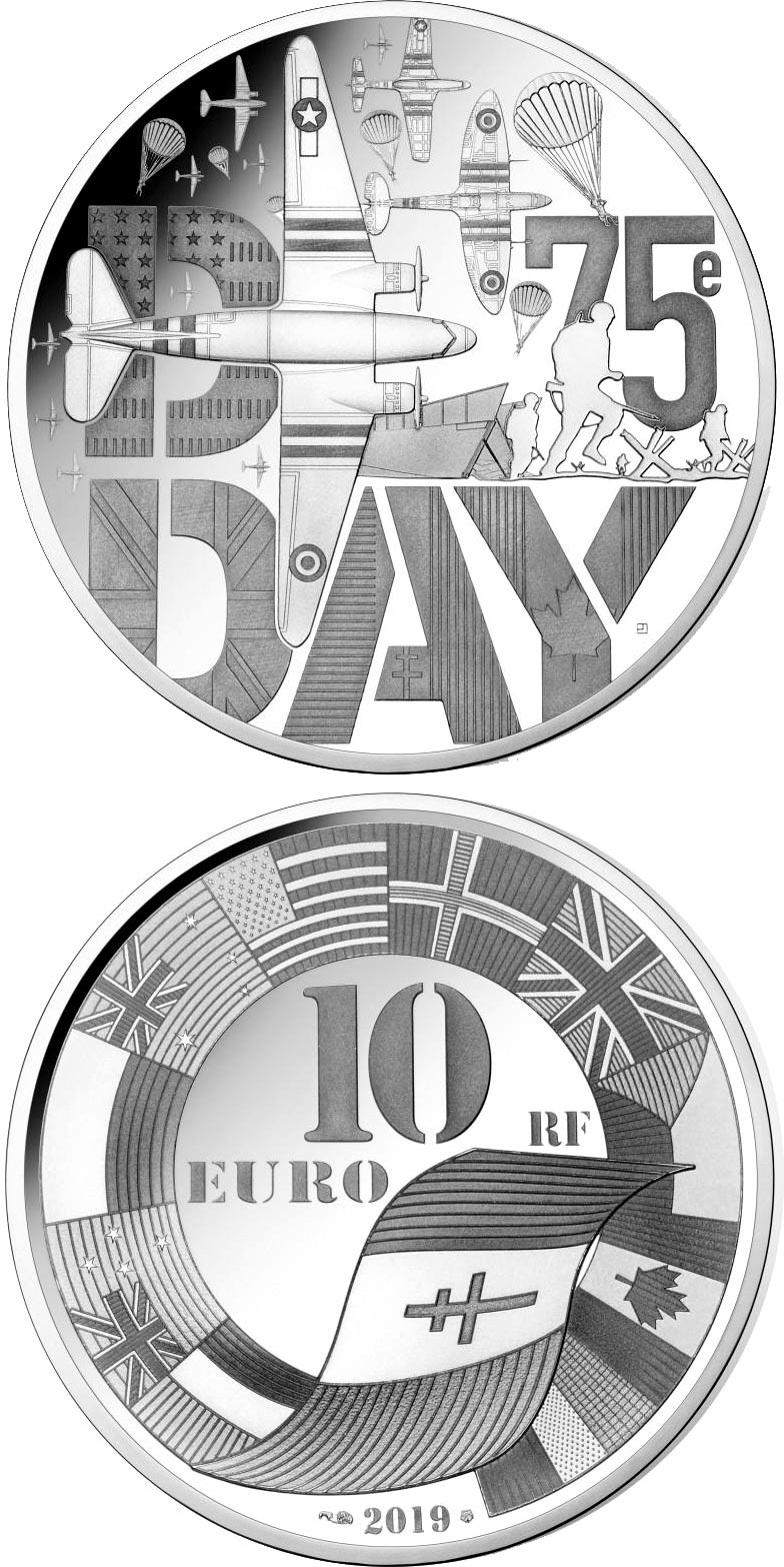 Image of 10 euro coin - D-Day  | France 2019.  The Silver coin is of Proof quality.