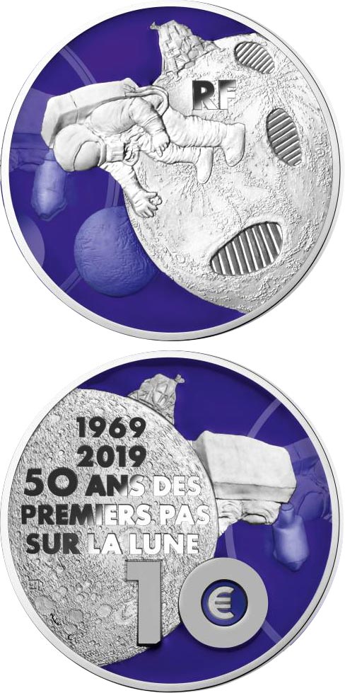Image of 10 euro coin - First Step on the Moon | France 2019.  The Silver coin is of Proof quality.