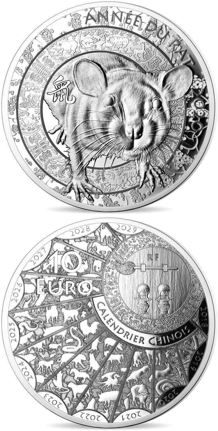 Image of 10 euro coin - Year of the Rat | France 2020.  The Silver coin is of Proof quality.