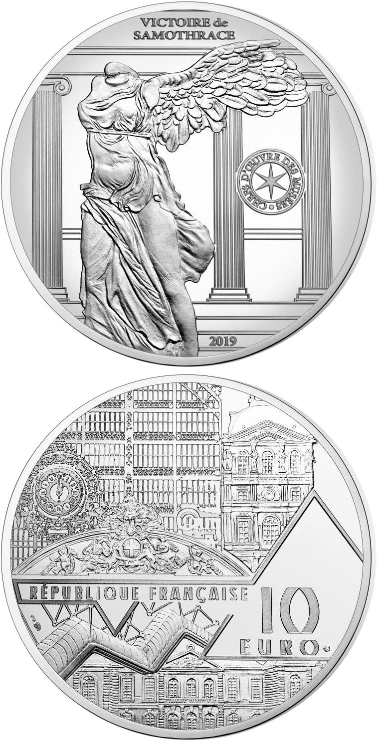 Image of 10 euro coin - Victory of Samothrace | France 2019.  The Silver coin is of Proof quality.