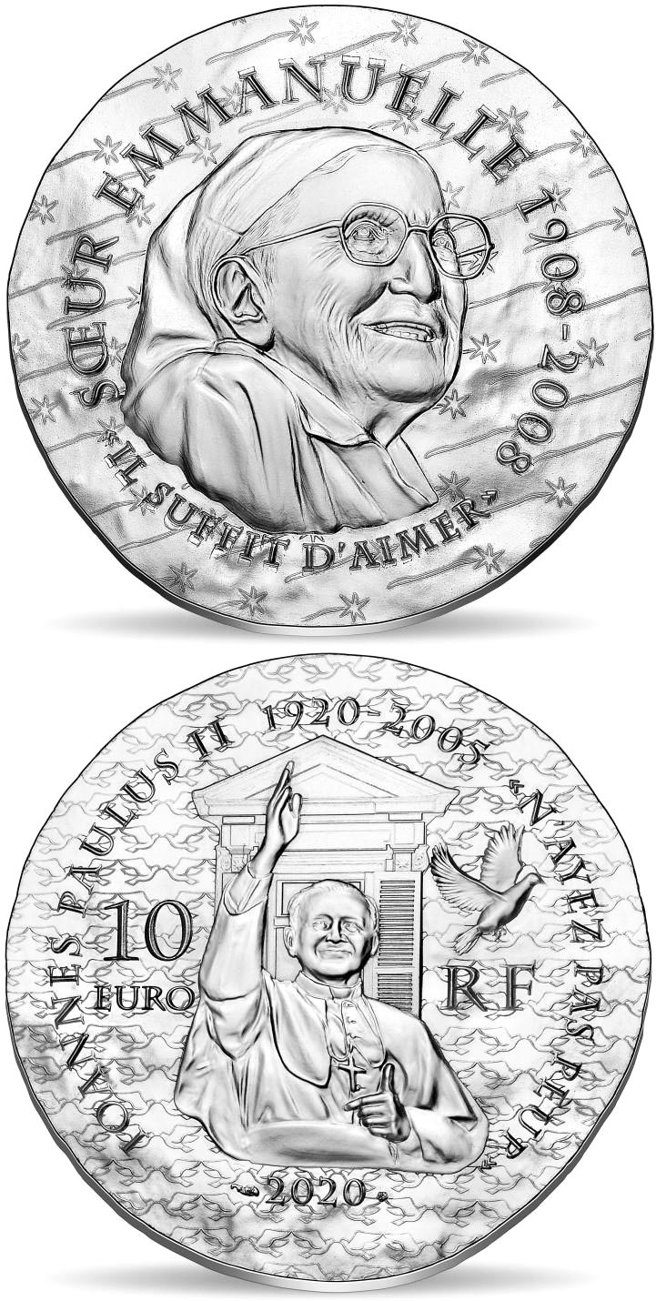 Image of 10 euro coin - Sœur Emmanuelle | France 2020.  The Silver coin is of Proof quality.