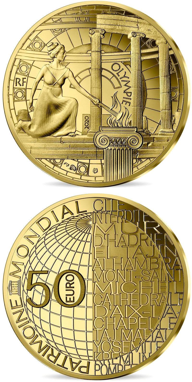 Image of 50 euro coin - Olympie | France 2020.  The Gold coin is of Proof quality.