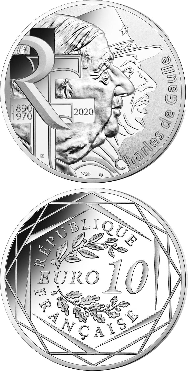 Image of 10 euro coin - Charles de Gaulle  | France 2020.  The Silver coin is of UNC quality.