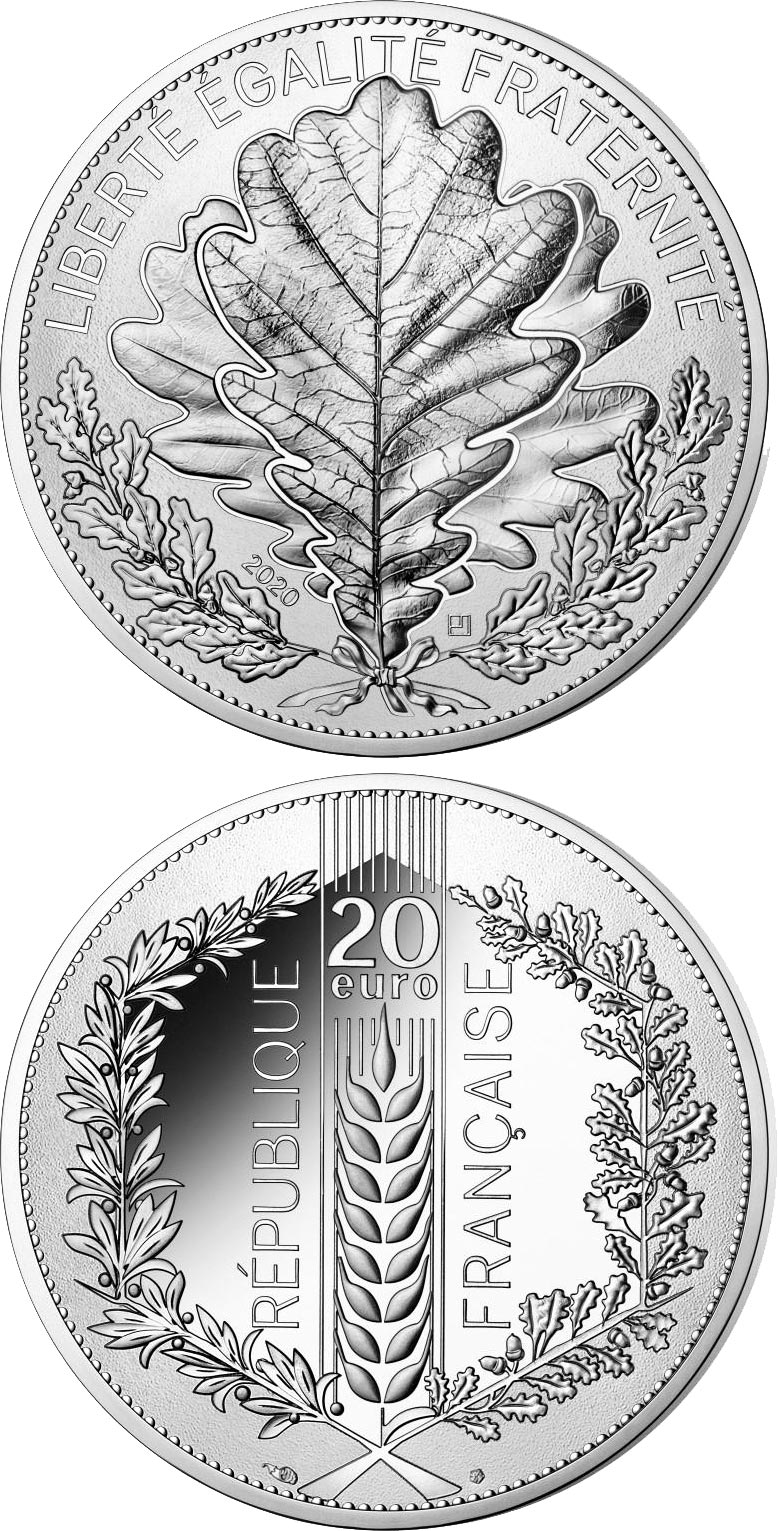 Image of 20 euro coin - Nature of France: The Oak  | France 2020.  The Silver coin is of Proof, BU quality.