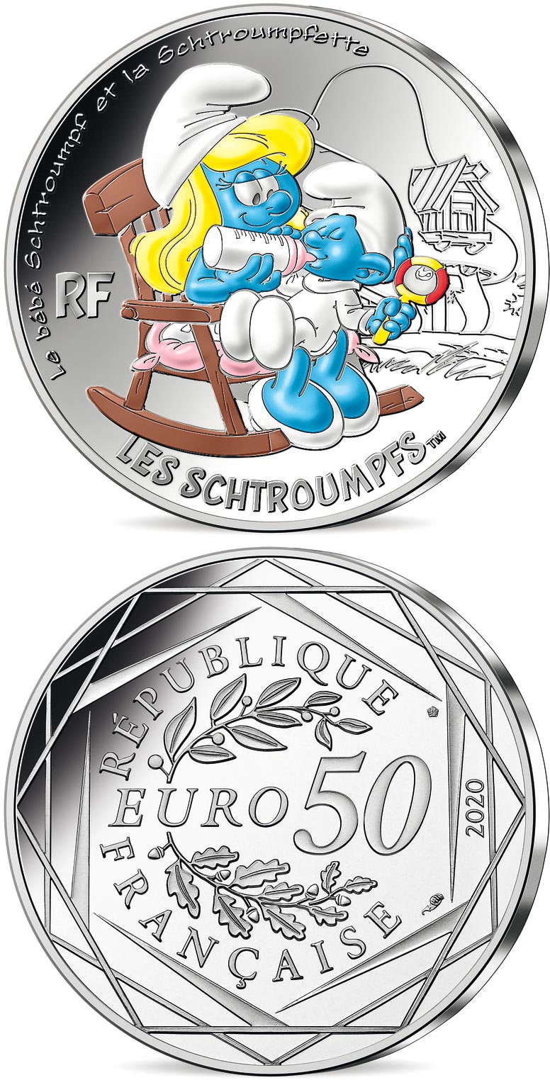 Image of 50 euro coin - Baby Smurf | France 2020.  The Silver coin is of BU quality.
