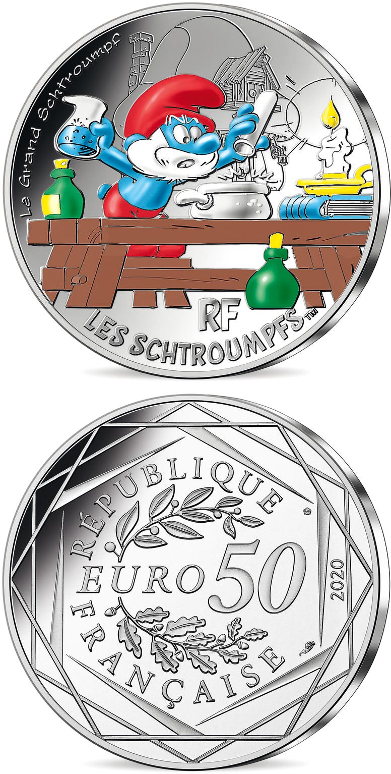 Image of 50 euro coin - Papa Smurf | France 2020.  The Silver coin is of BU quality.