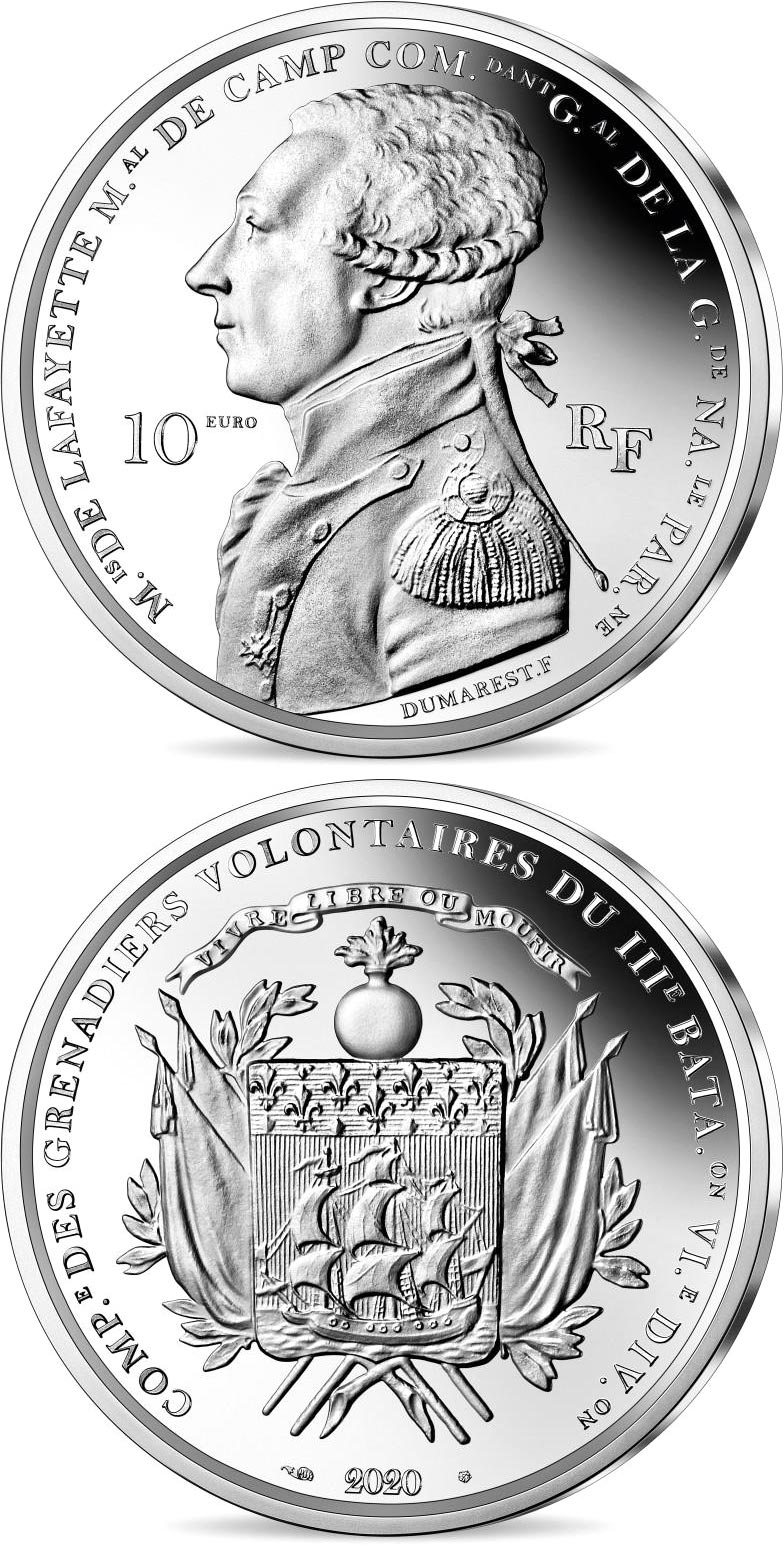 Image of 10 euro coin - Arrival of La Fayette in Boston  | France 2020.  The Silver coin is of Proof quality.