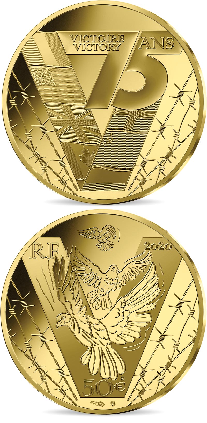 Image of 50 euro coin - Victory Peace | France 2020.  The Gold coin is of Proof quality.