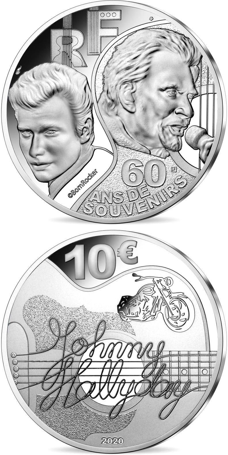 Image of 10 euro coin - Johnny Hallyday 60 years of memories  | France 2020.  The Silver coin is of Proof quality.