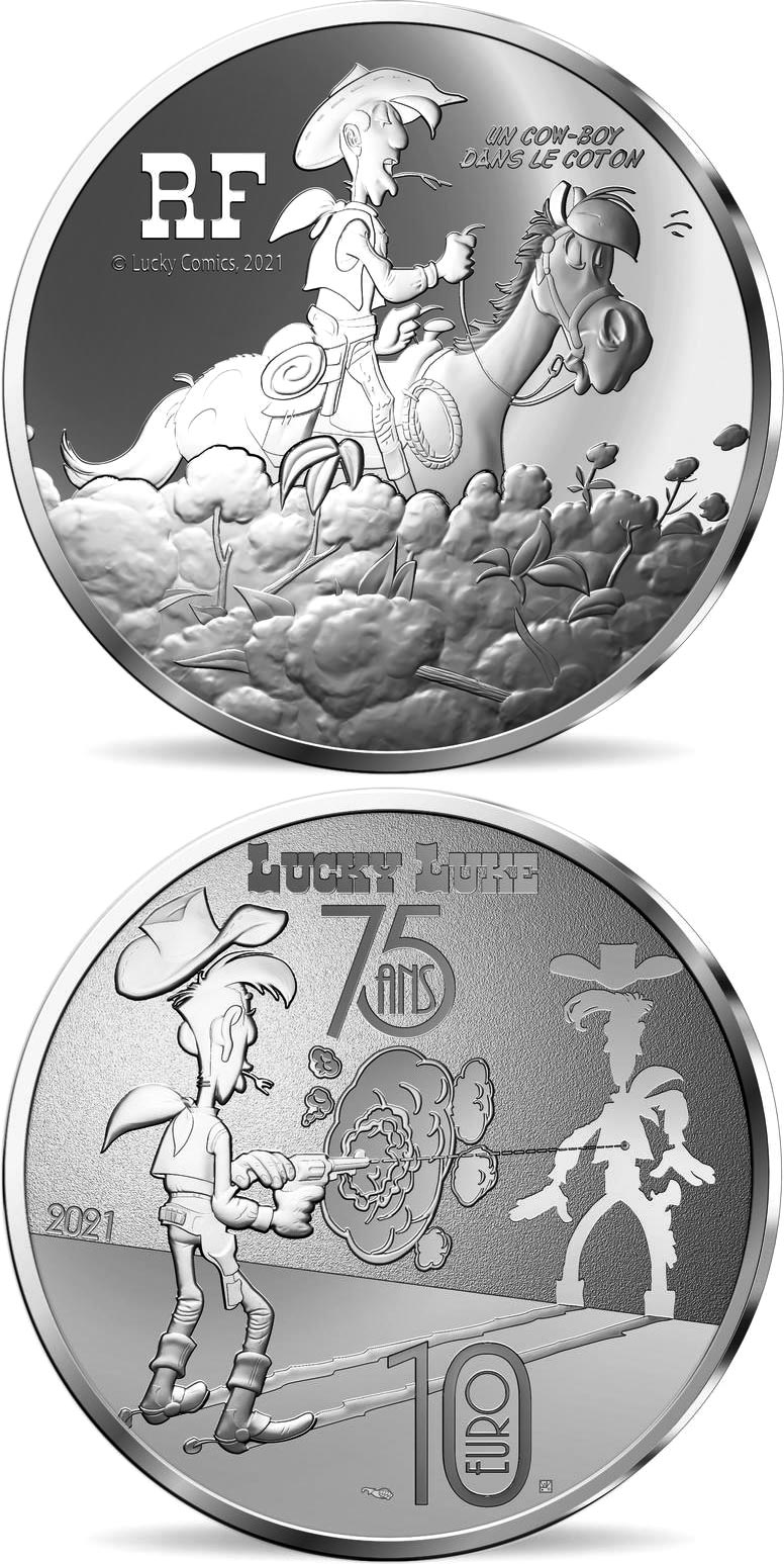 Image of 10 euro coin - Lucky Luke – A cowboy in high cotton  | France 2021.  The Silver coin is of Proof quality.
