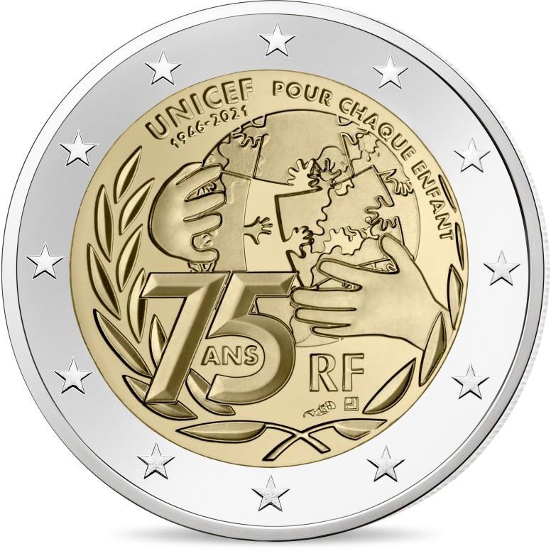 Image of 2 euro coin - 75 Years of UNICEF | France 2021