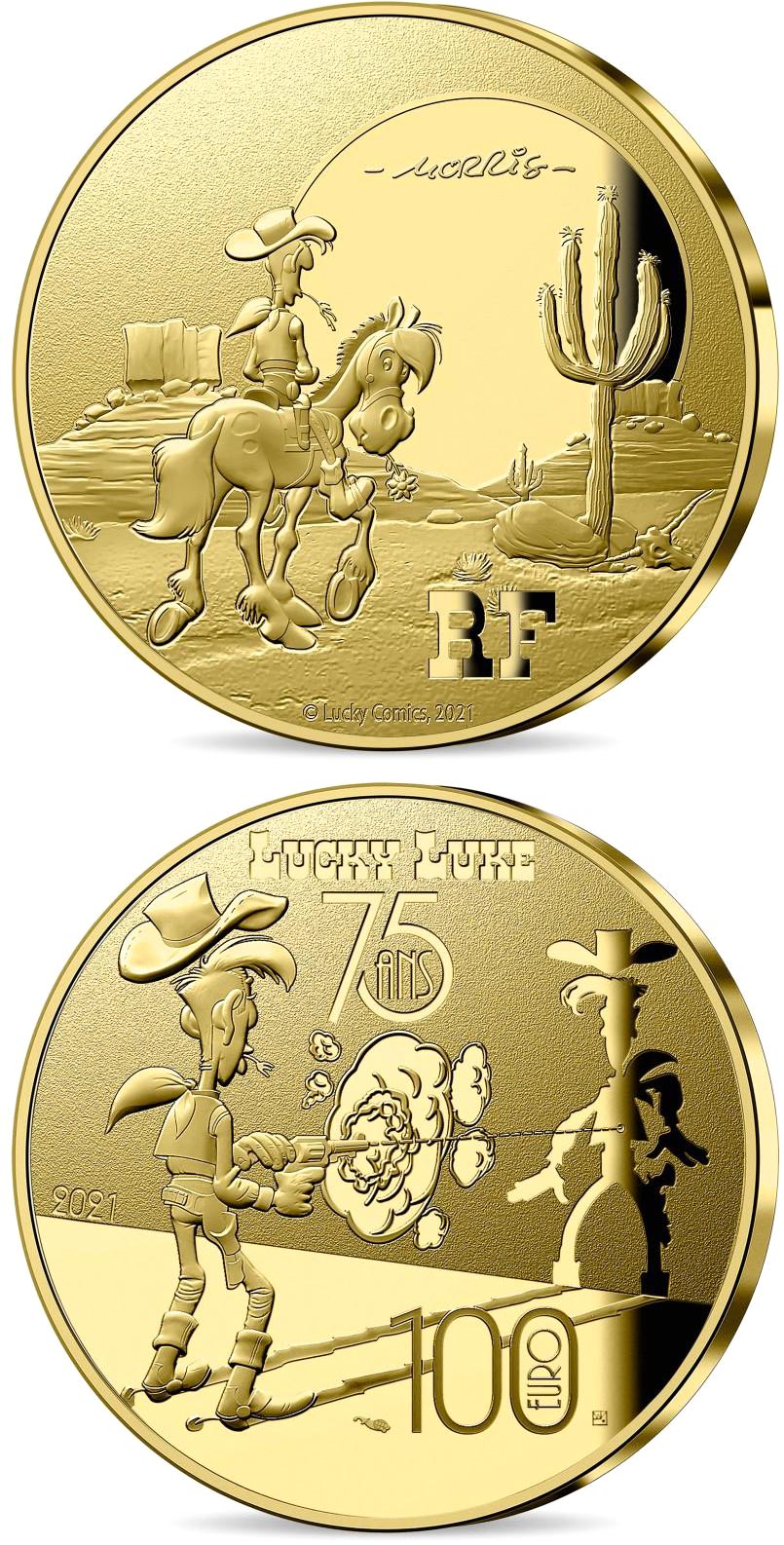 Image of 100 euro coin - Lucky Luke - 75 Years | France 2021.  The Gold coin is of Proof quality.