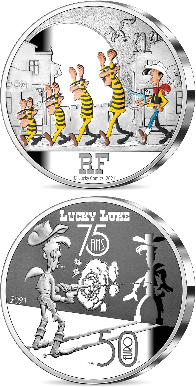 Image of 50 euro coin - Lucky Luke - 75 Years | France 2021.  The Silver coin is of Proof quality.