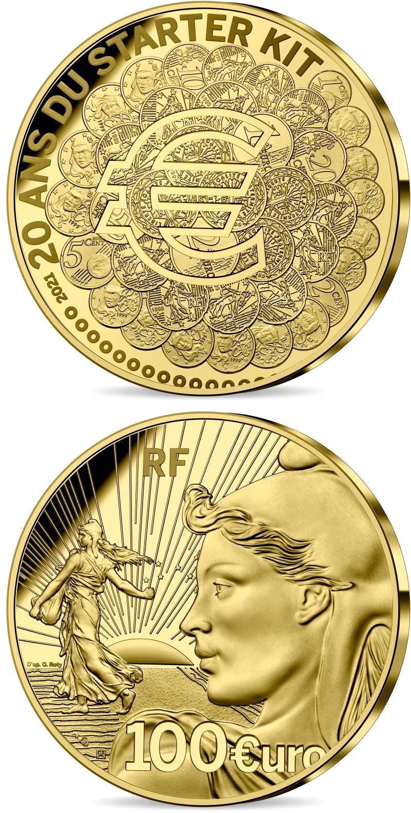 Image of 100 euro coin - 20 years of the starter kit | France 2021.  The Gold coin is of Proof quality.