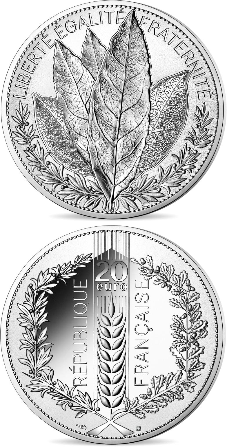 Image of 20 euro coin - Nature of France: The Laurel | France 2021.  The Silver coin is of Proof, BU quality.