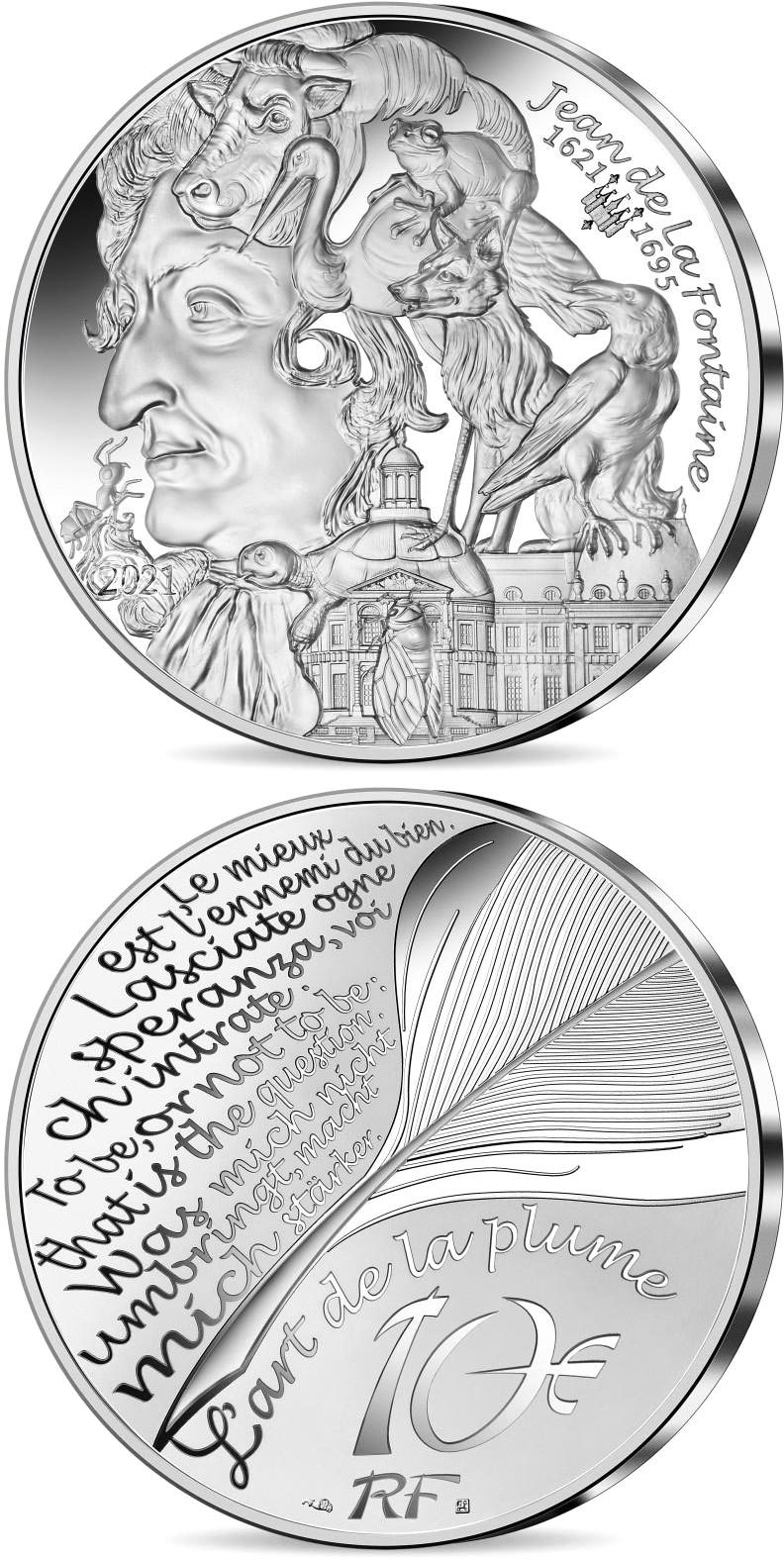 Image of 10 euro coin - Jean de La Fontaine - 400th anniversary of his birth | France 2021.  The Silver coin is of Proof quality.