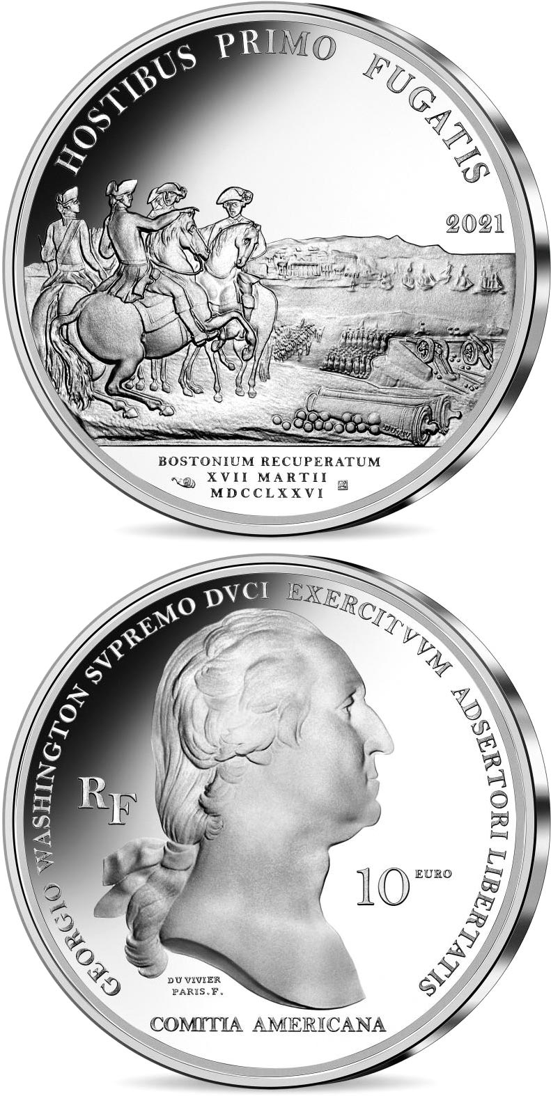 Image of 10 euro coin - Arrival of Washington in Boston  | France 2021.  The Silver coin is of Proof quality.