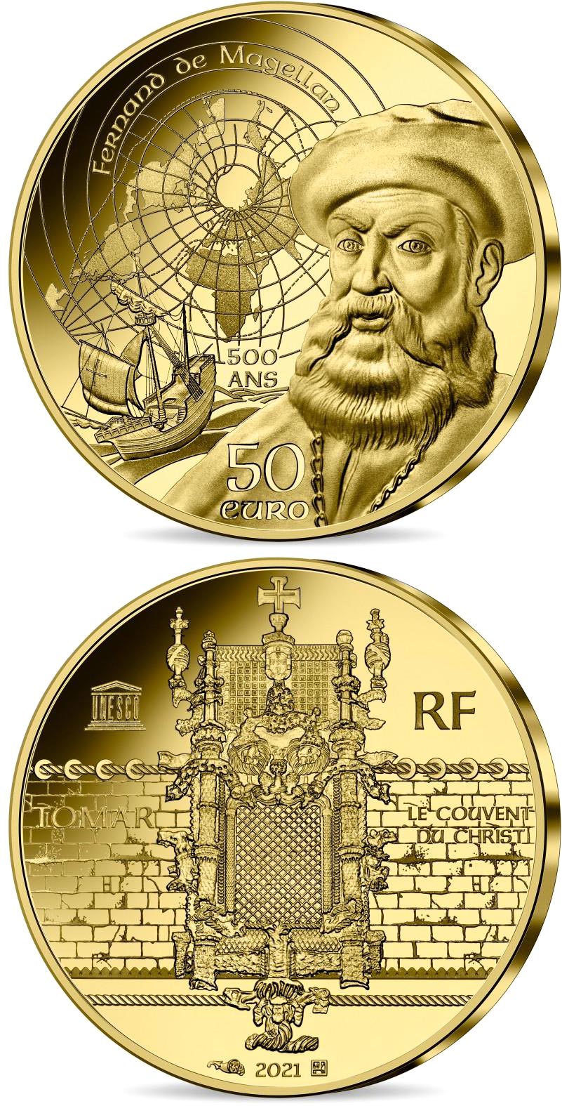 Image of 50 euro coin - Magellan and Manueline Age | France 2021.  The Gold coin is of Proof quality.