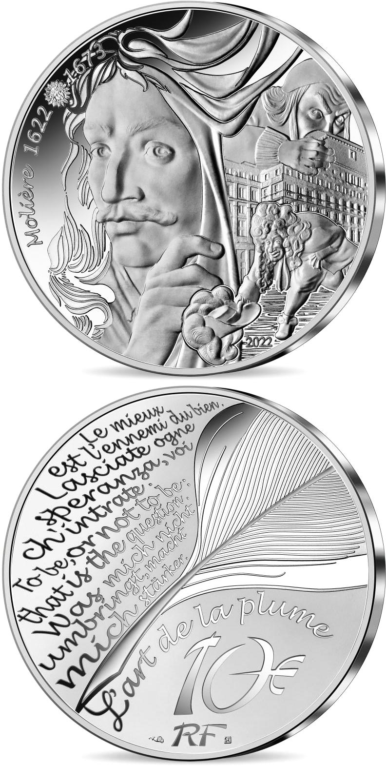 Image of 10 euro coin - Moliere - 400th anniversary of his birth  | France 2022.  The Silver coin is of Proof quality.