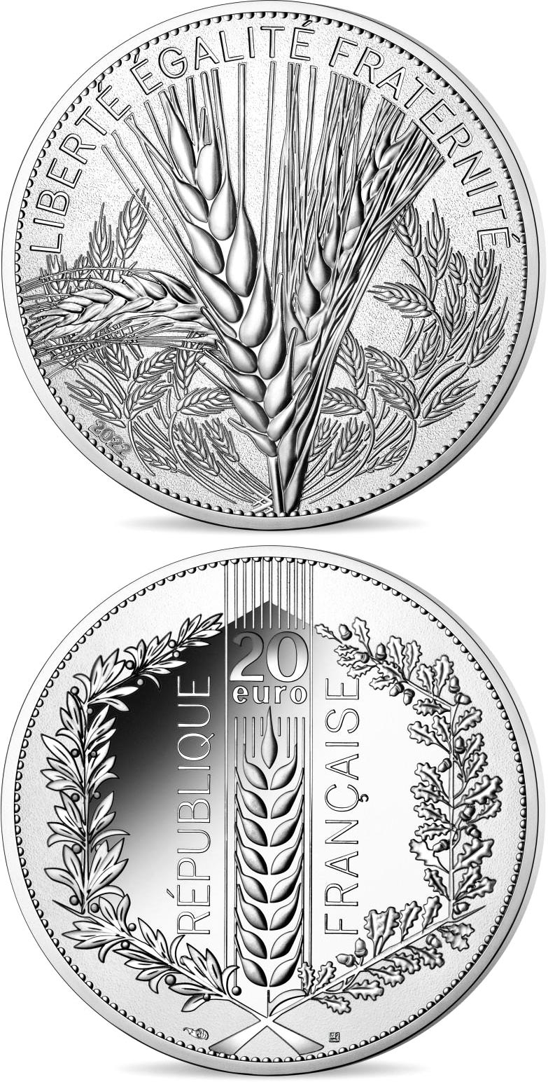 Image of 20 euro coin - Nature of France: The Wheat  | France 2022.  The Silver coin is of Proof, BU quality.