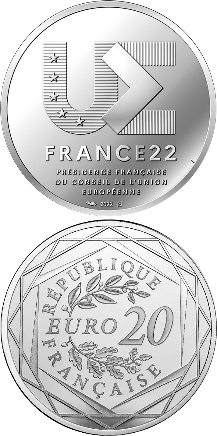 Image of 20 euro coin - French presidency of the Council of the EU  | France 2022.  The Silver coin is of UNC quality.