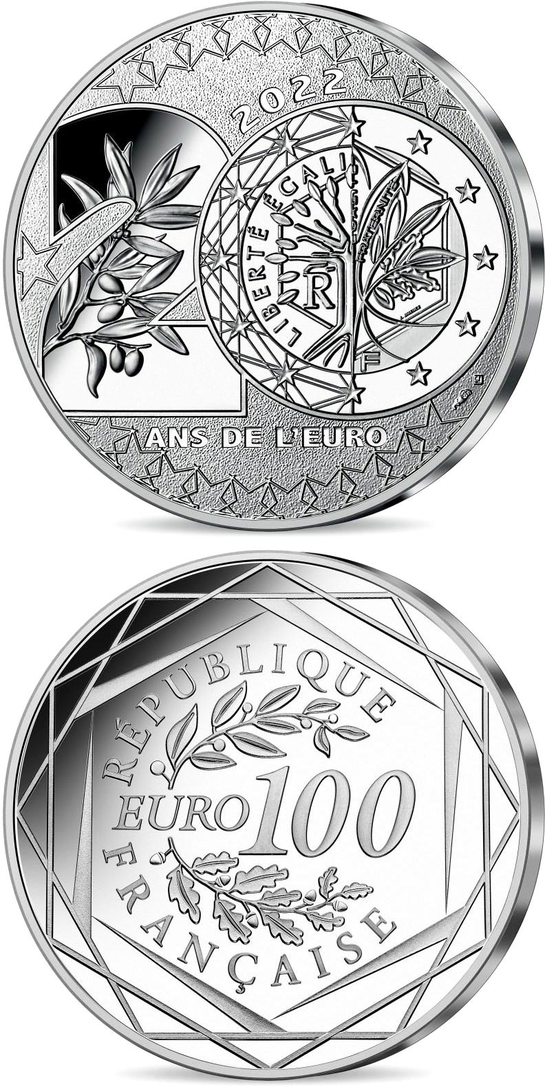 Image of 100 euro coin - 20 years of the Euro | France 2022.  The Silver coin is of UNC quality.