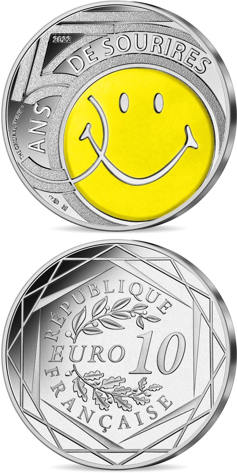 Image of 10 euro coin - Smiley | France 2022.  The Silver coin is of UNC quality.
