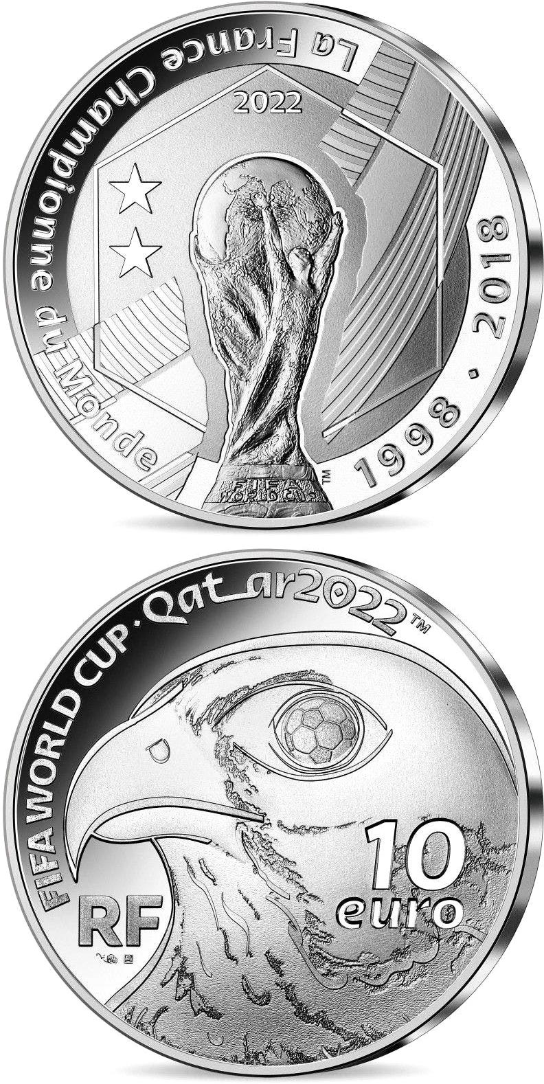 Image of 10 euro coin - FIFA Qatar - 2022 World Cup | France 2022.  The Silver coin is of Proof quality.