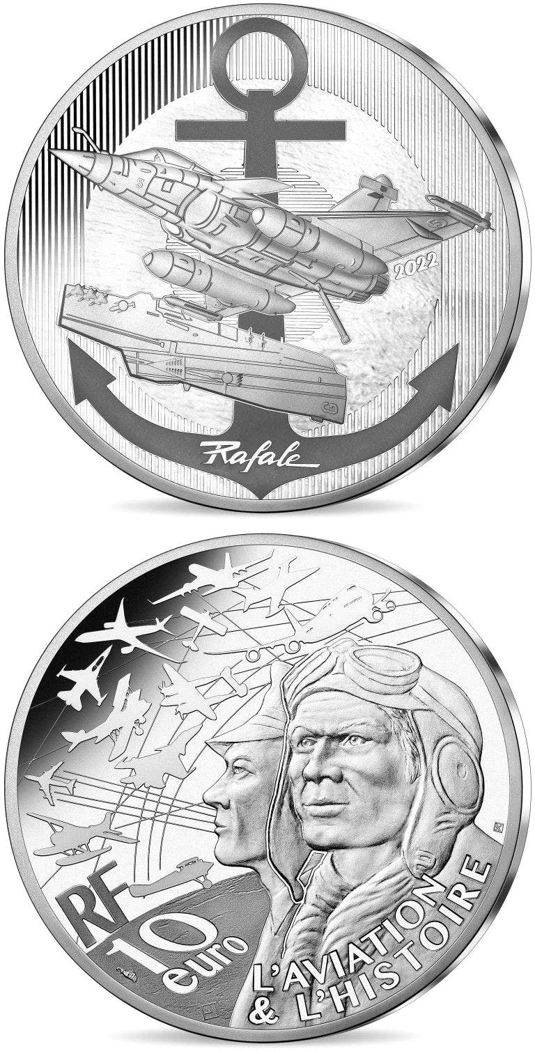 Image of 10 euro coin - Rafale Marine | France 2022.  The Silver coin is of Proof quality.