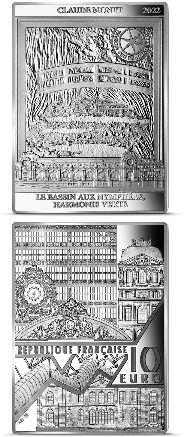 Image of 10 euro coin - The Water lily pond: green harmony  | France 2022.  The Silver coin is of Proof quality.